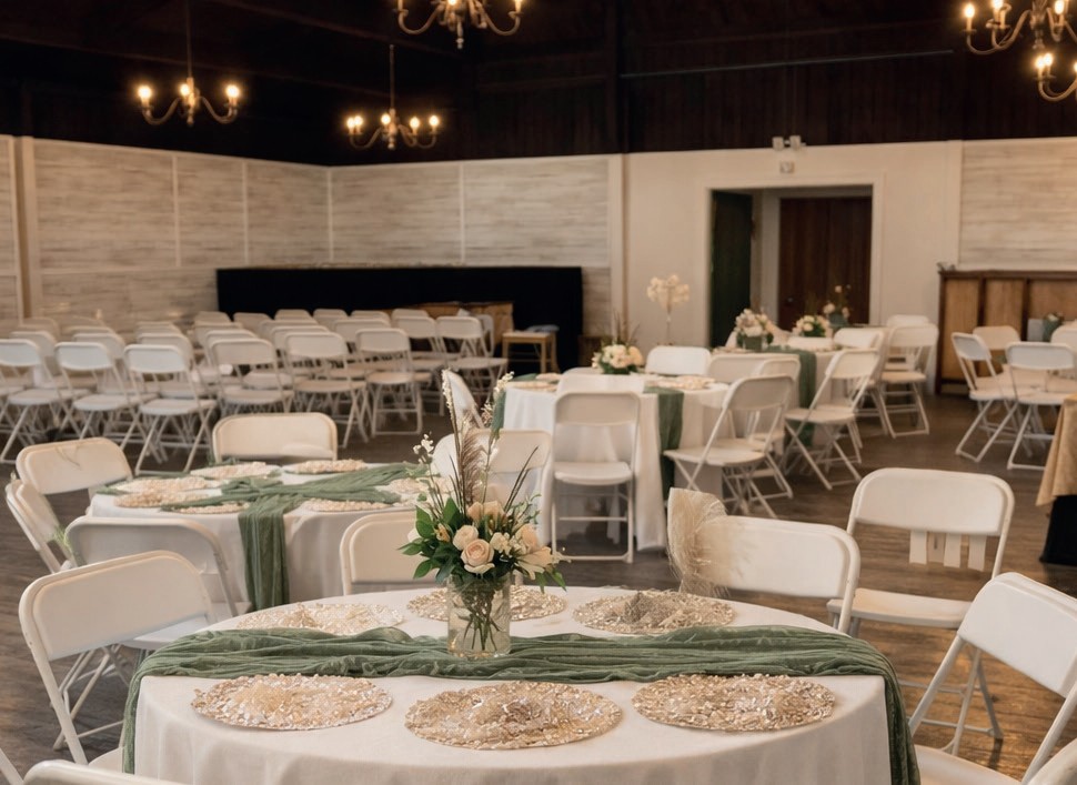 Reception hall at Collins Crest set with round tables and chandeliers